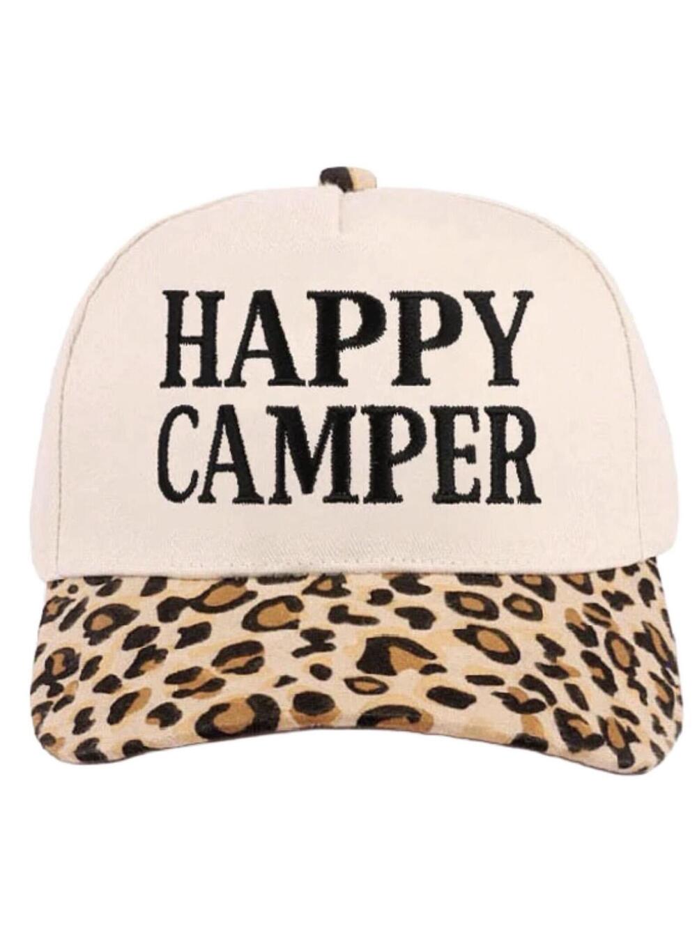 HAPPY CAMPER Embroidered 2-Tone Leopard Animal Print Hat Cap Adjustable NEW